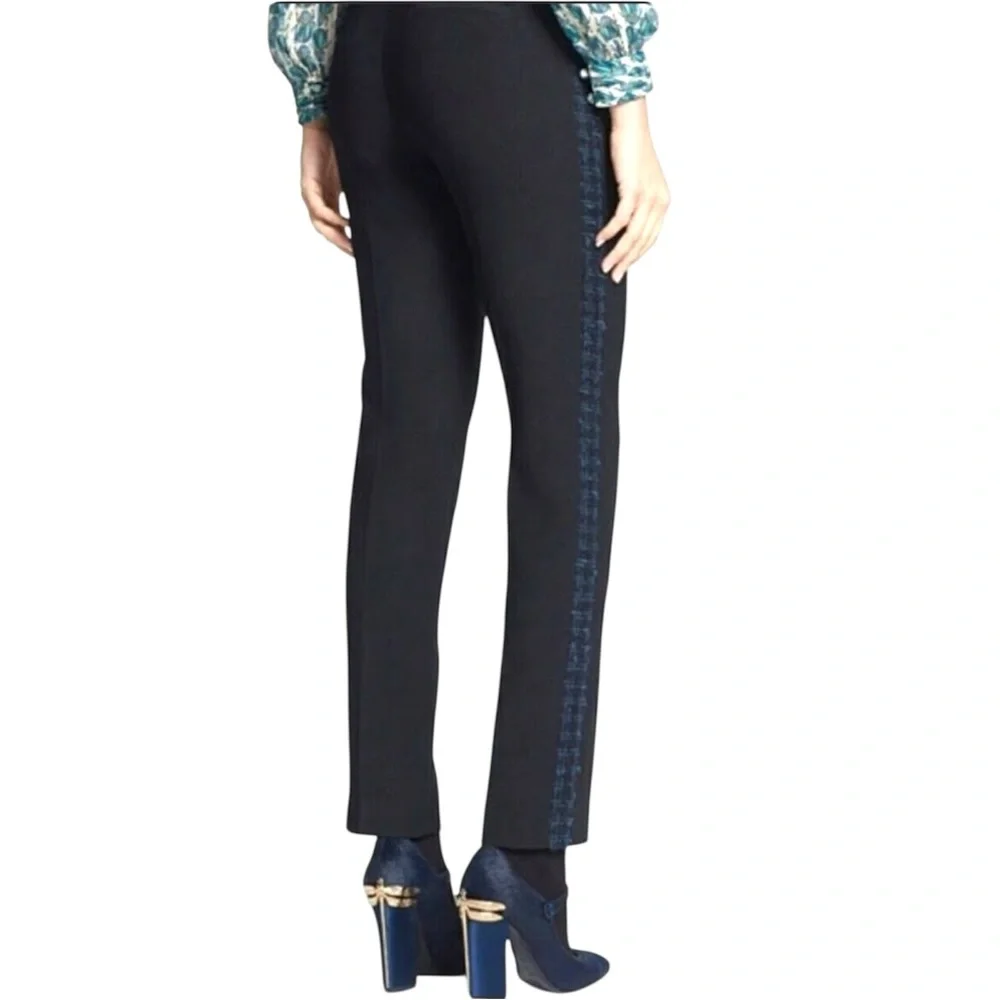 TORY BURCH Tobie Black Trousers Straight Leg Pants Blue Wool Tweed Side Stripe - Picture 3 of 16